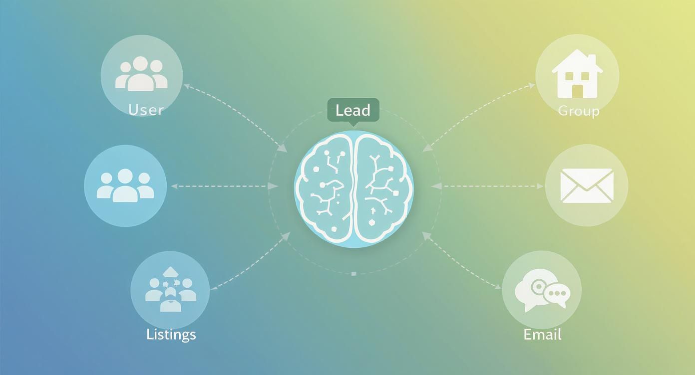 A diagram with a central 'Lead' brain icon connected to 'User', 'Listings', 'Group', and communication channels like 'Email'.