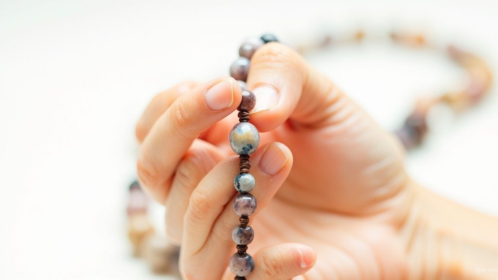 Close-up of a hand gently holding a string of colorful mala beads with brown spacers.