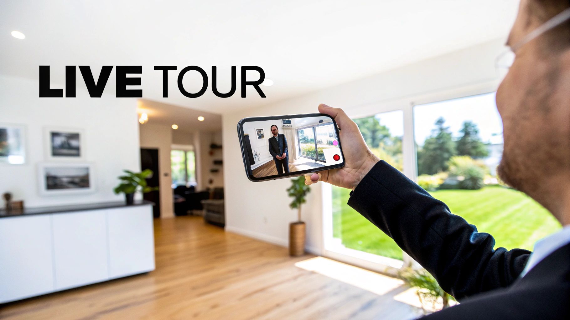 A person holds a smartphone displaying a live virtual tour of a modern home, with 'LIVE TOUR' text.