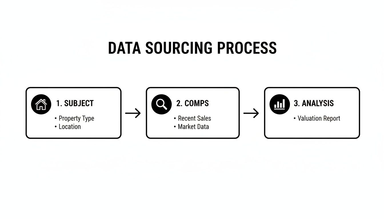 Flowchart illustrating the data sourcing process for real estate valuation, covering subject, comps, and analysis steps.