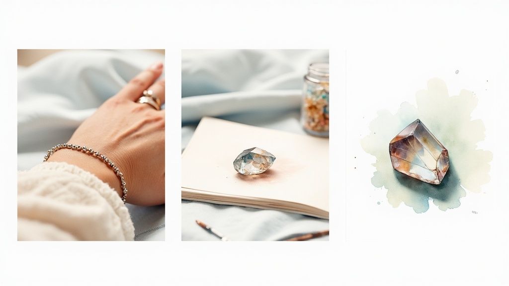 Clear quartz crystals displayed on notebook and watercolor painting showing protective healing stones for empaths