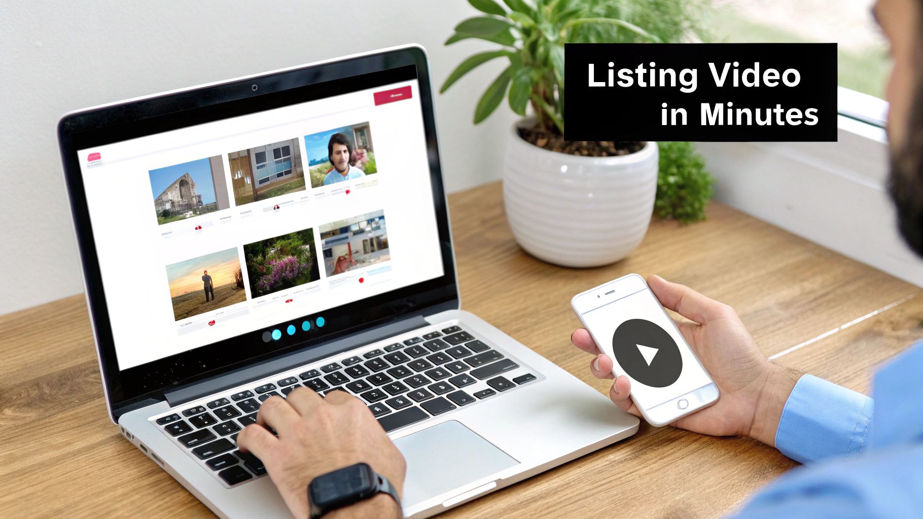 A person uses a laptop to create listing videos, holding a smartphone with a play icon.