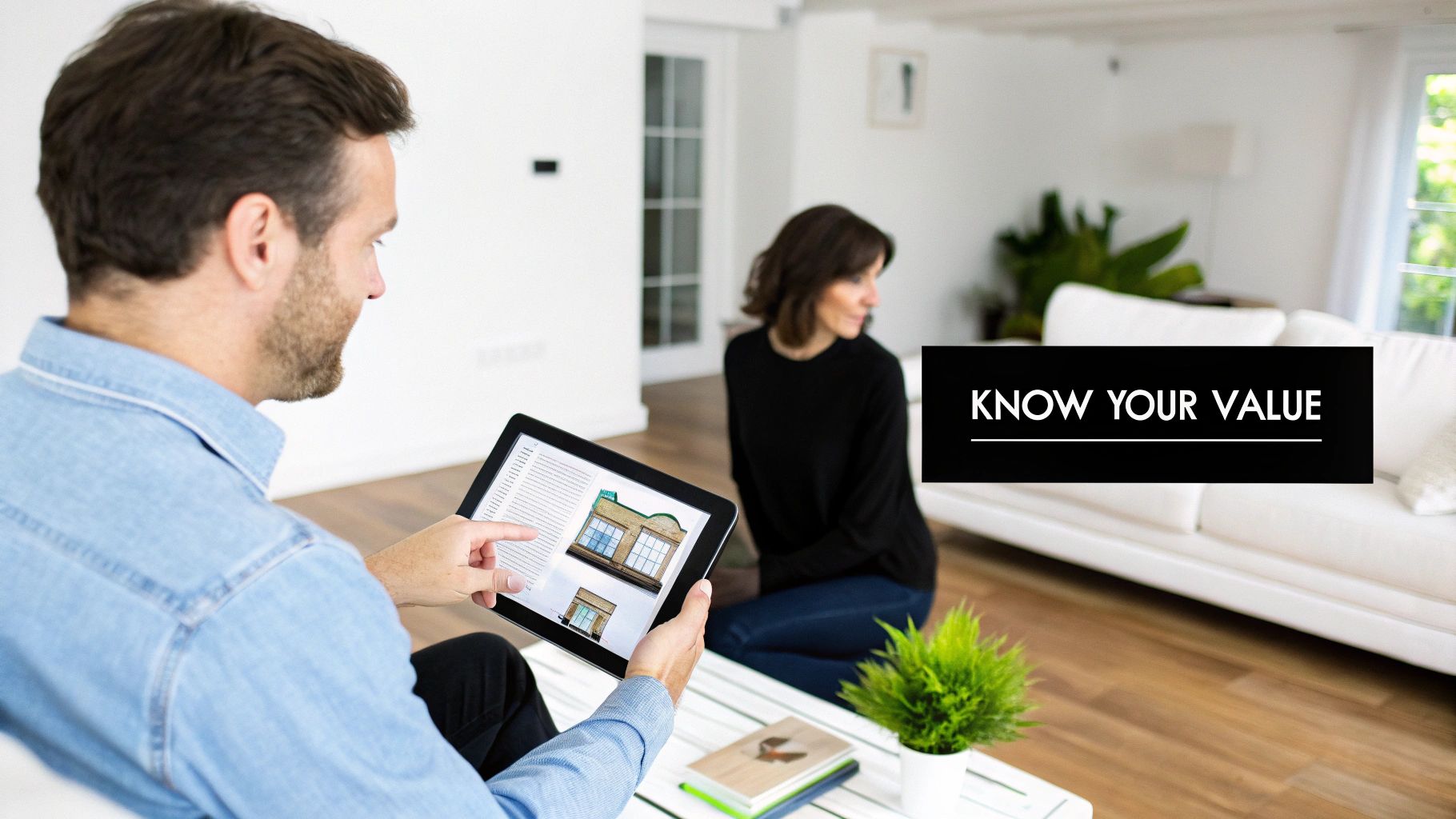 A man in a denim shirt views real estate listings on a tablet, with a woman in the background.