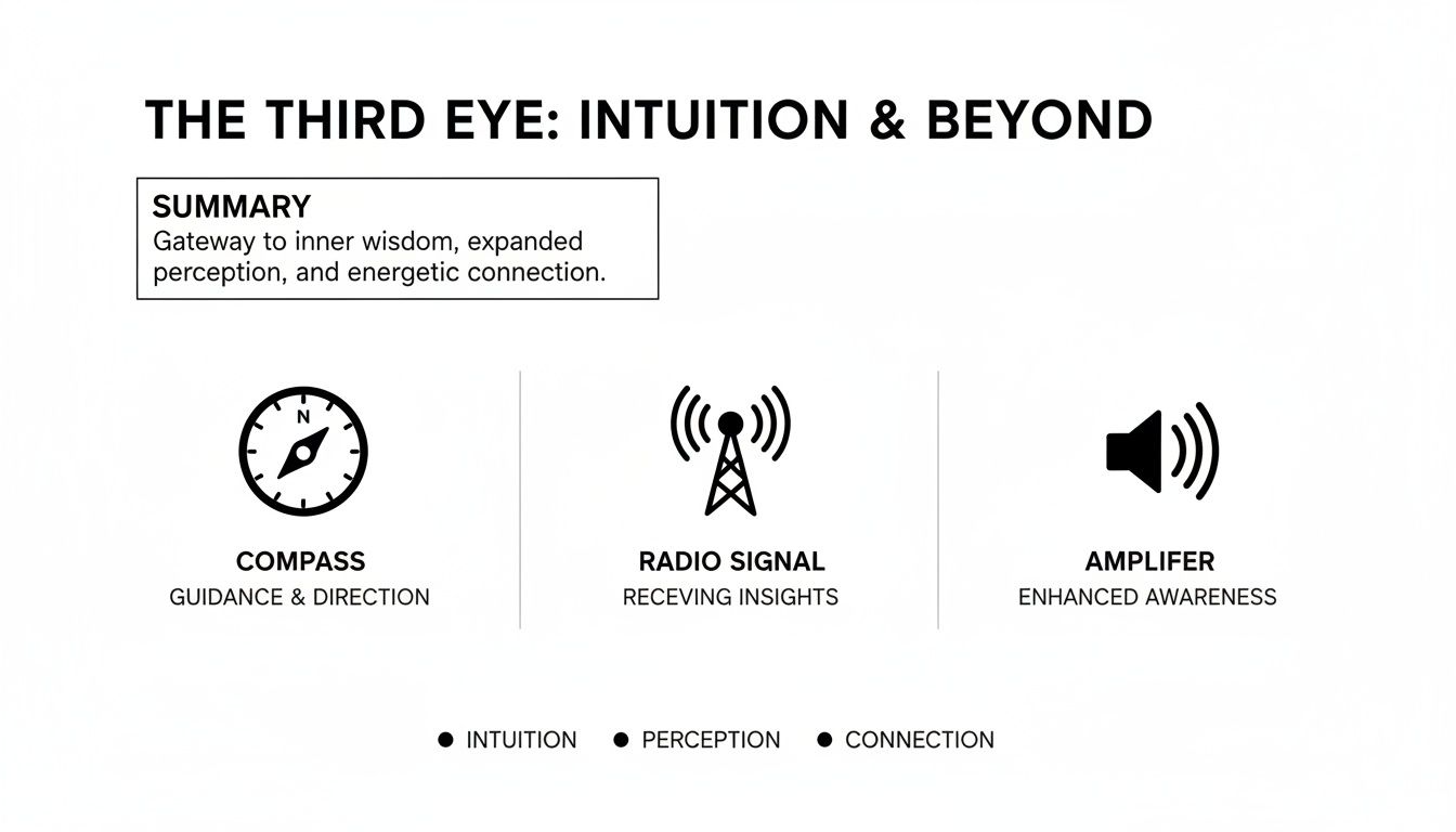 Diagram illustrating the Third Eye's role in intuition, guidance, insights, and enhanced awareness.