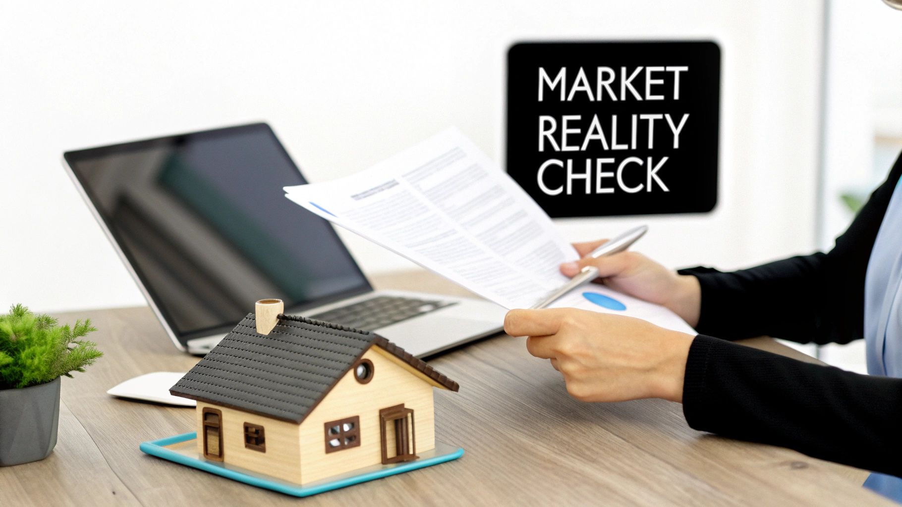 A person reviews real estate documents with a laptop and a house model, under a 'Market Reality Check' sign.