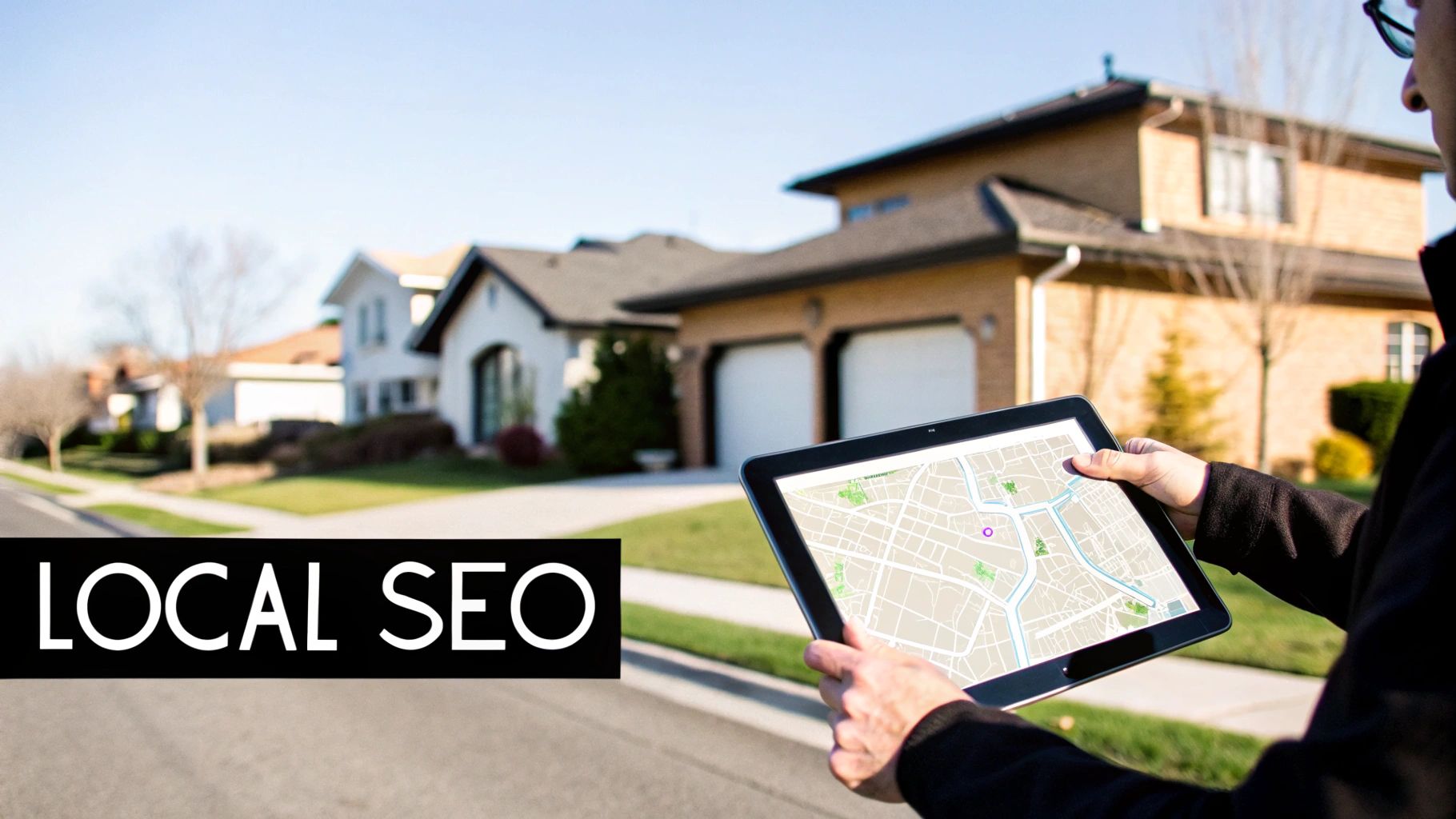 A magnifying glass hovering over a map of a city, symbolizing local search for real estate.