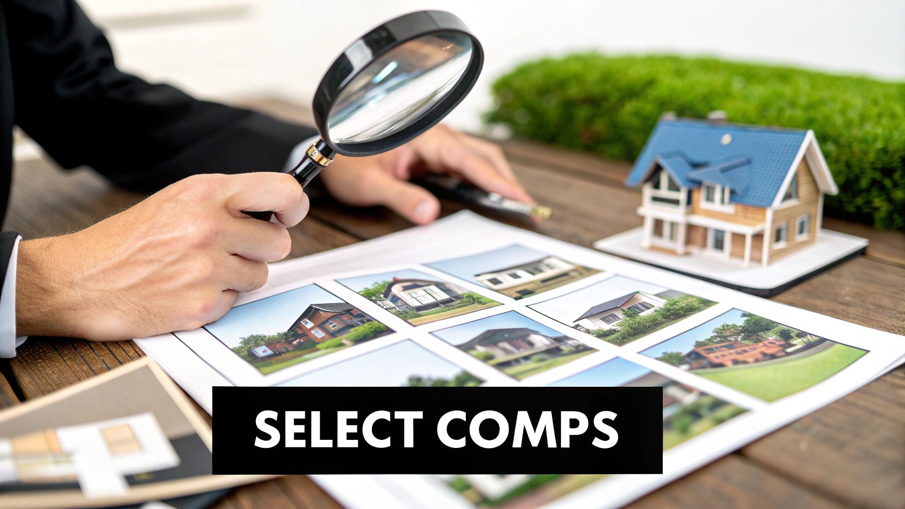 A magnifying glass hovering over a map of a neighborhood, symbolizing the process of searching for and selecting comparable properties.