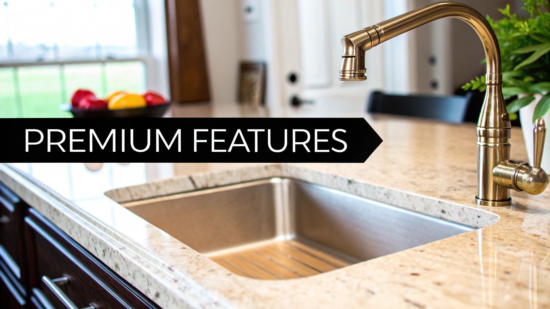 A modern kitchen with a stainless steel sink, gold faucet, and light granite countertop, showcasing premium features.