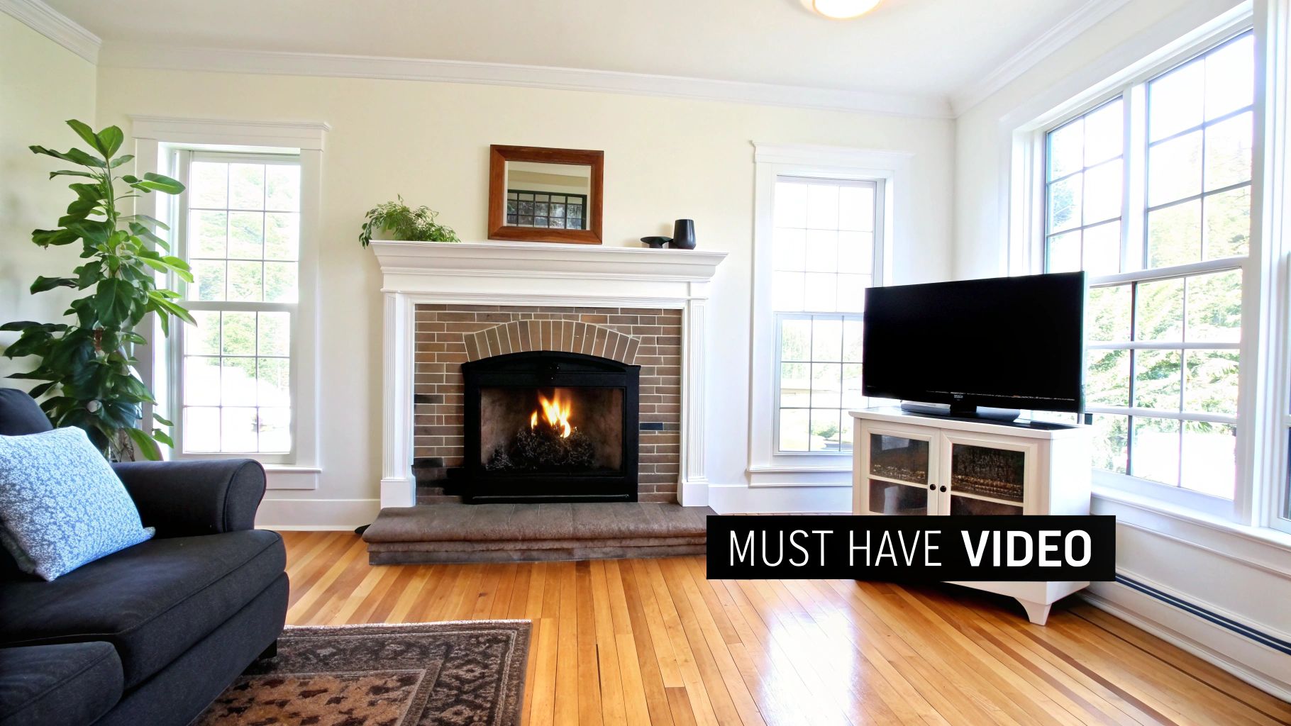 A cozy living room with a lit brick fireplace, a large TV, hardwood floors, and a comfortable dark sofa.