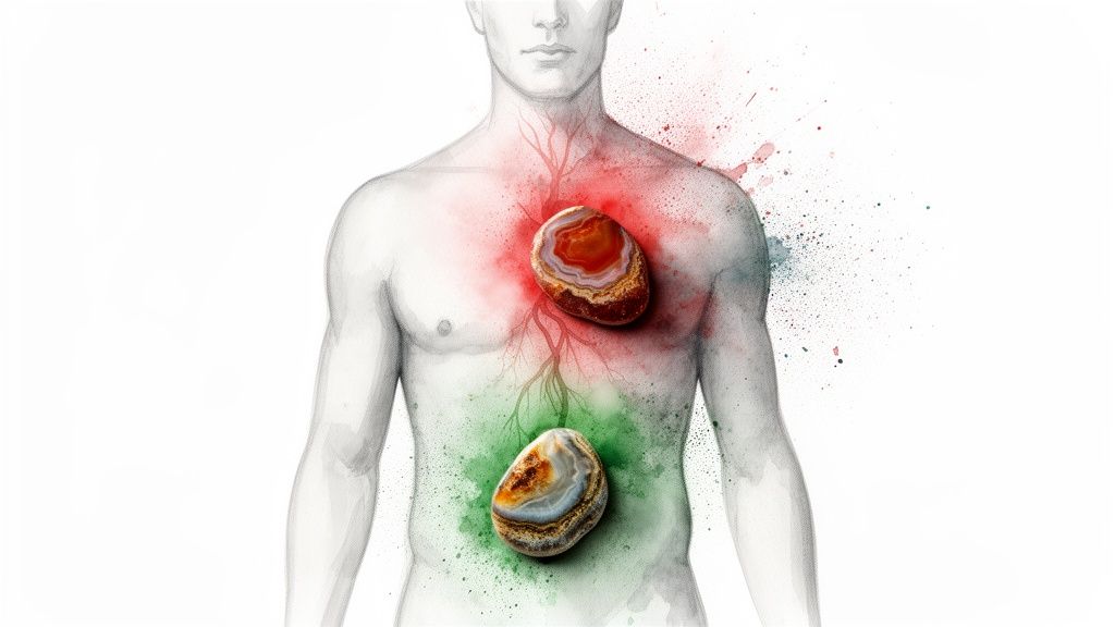 A watercolor illustration of a human torso with two polished agate stones and colorful splatters.