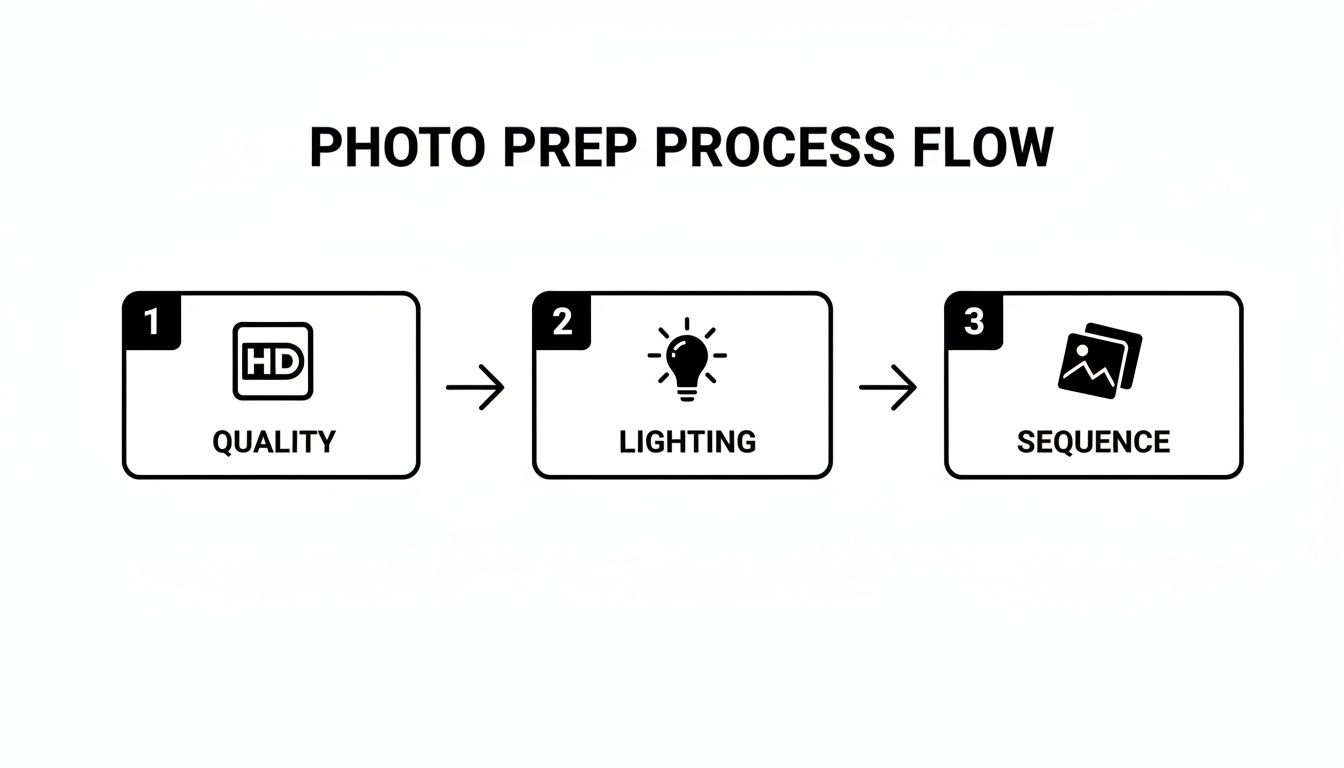 A three-step photo prep process flow diagram showing Quality, Lighting, and Sequence.