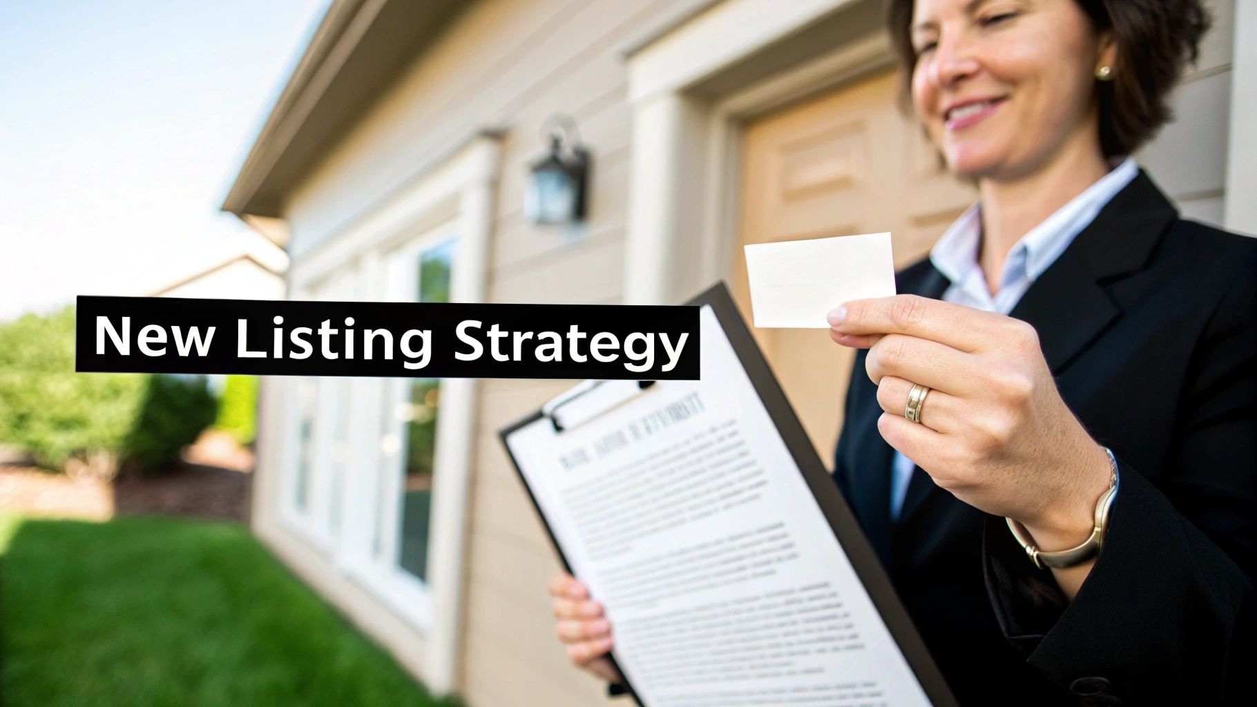 A smiling real estate agent holds a business card and clipboard in front of a house.
