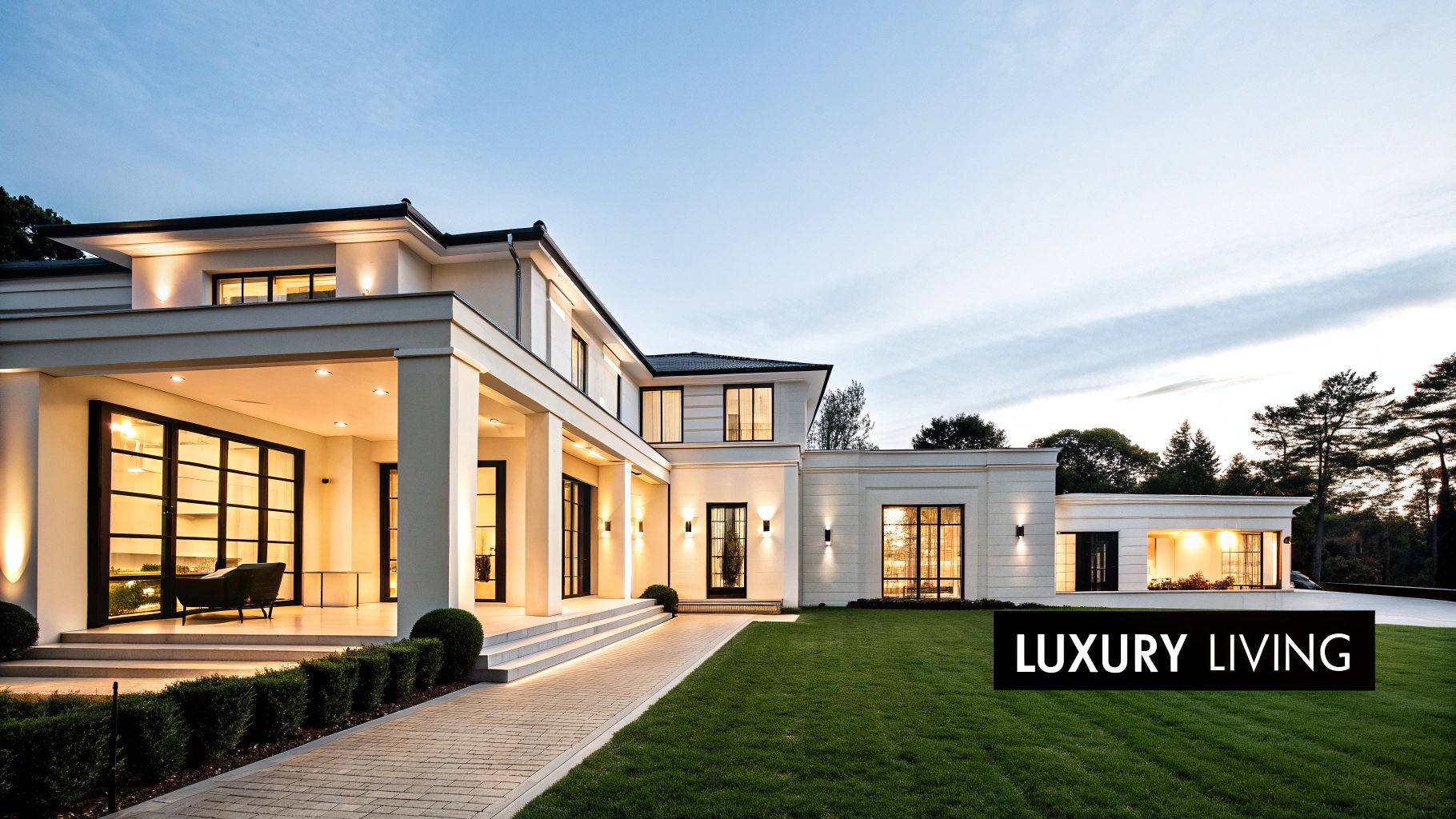 A grand, modern luxury house with illuminated windows and an inviting entrance at dusk.
