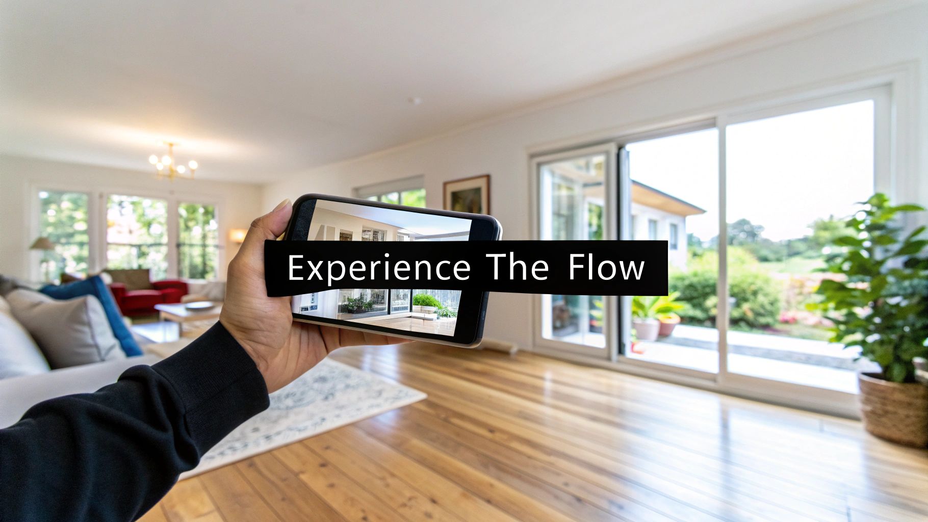 Hand holding a smartphone showing an immersive virtual tour of a bright modern home's interior.