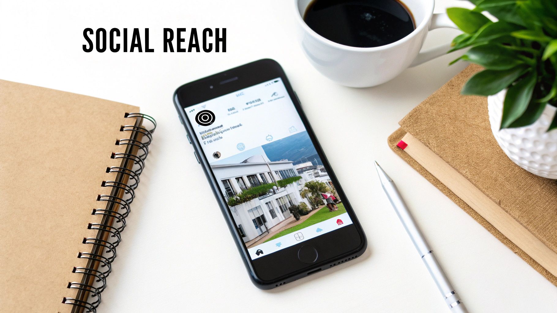 Social media profile displayed on smartphone with coffee, notebook, and plant on desk