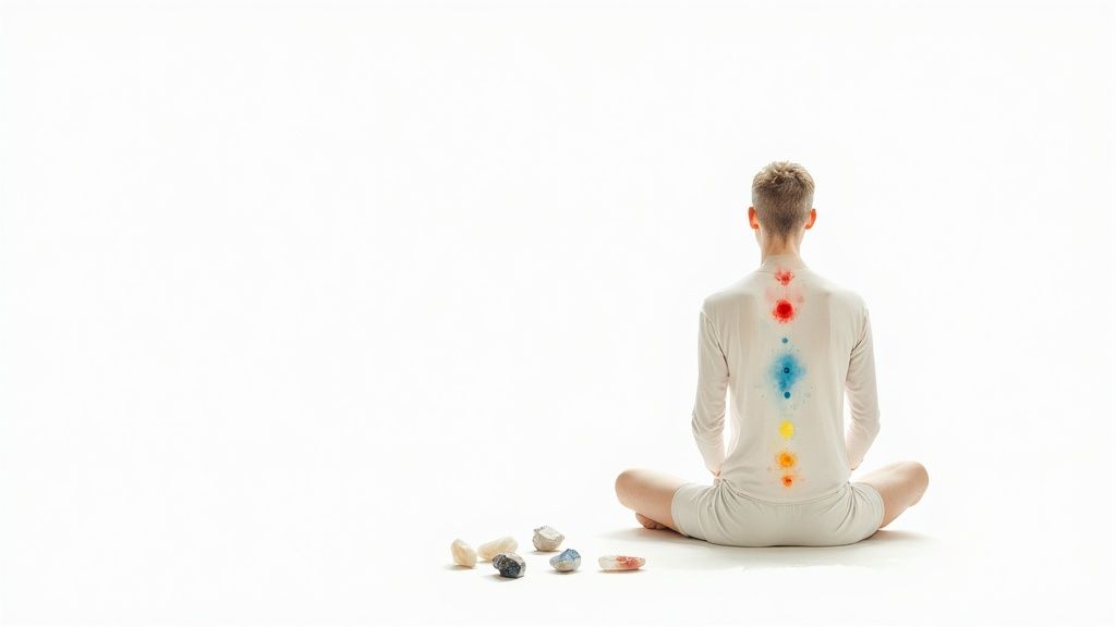 Person meditating with chakra colors on spine and healing crystals on a white background.