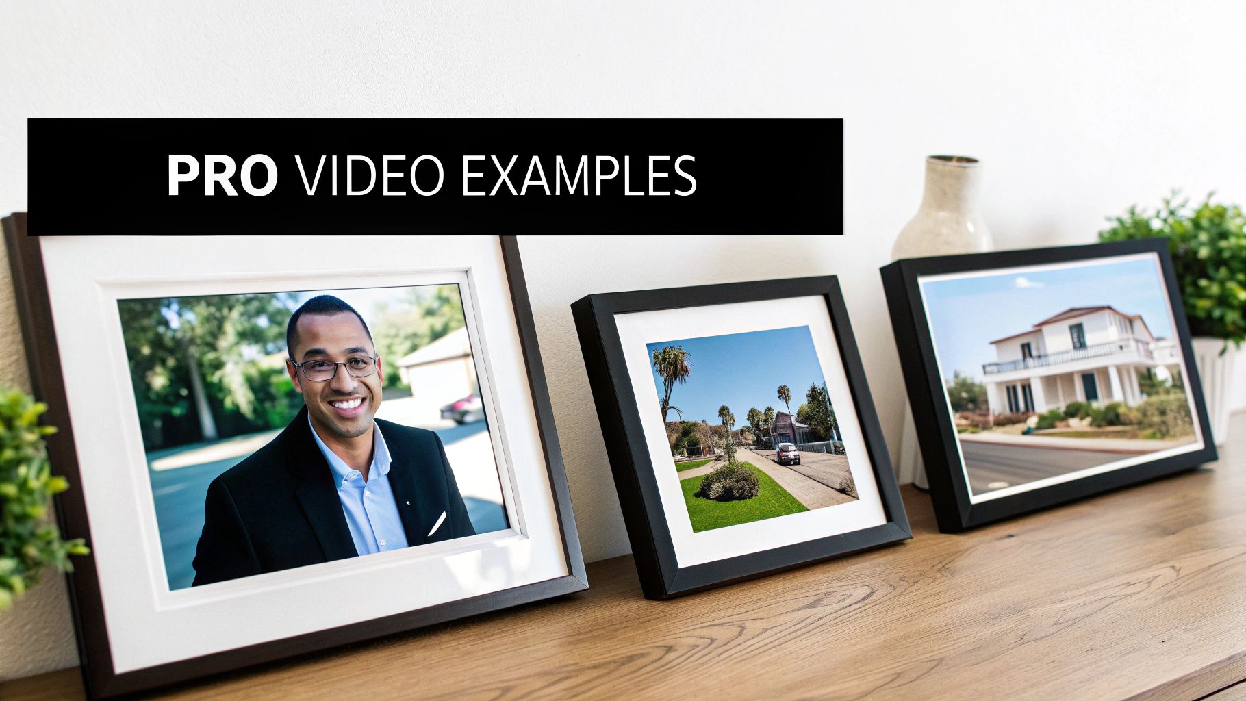 Three framed pictures displaying a smiling man, street, and house, with a 'PRO VIDEO EXAMPLES' banner.
