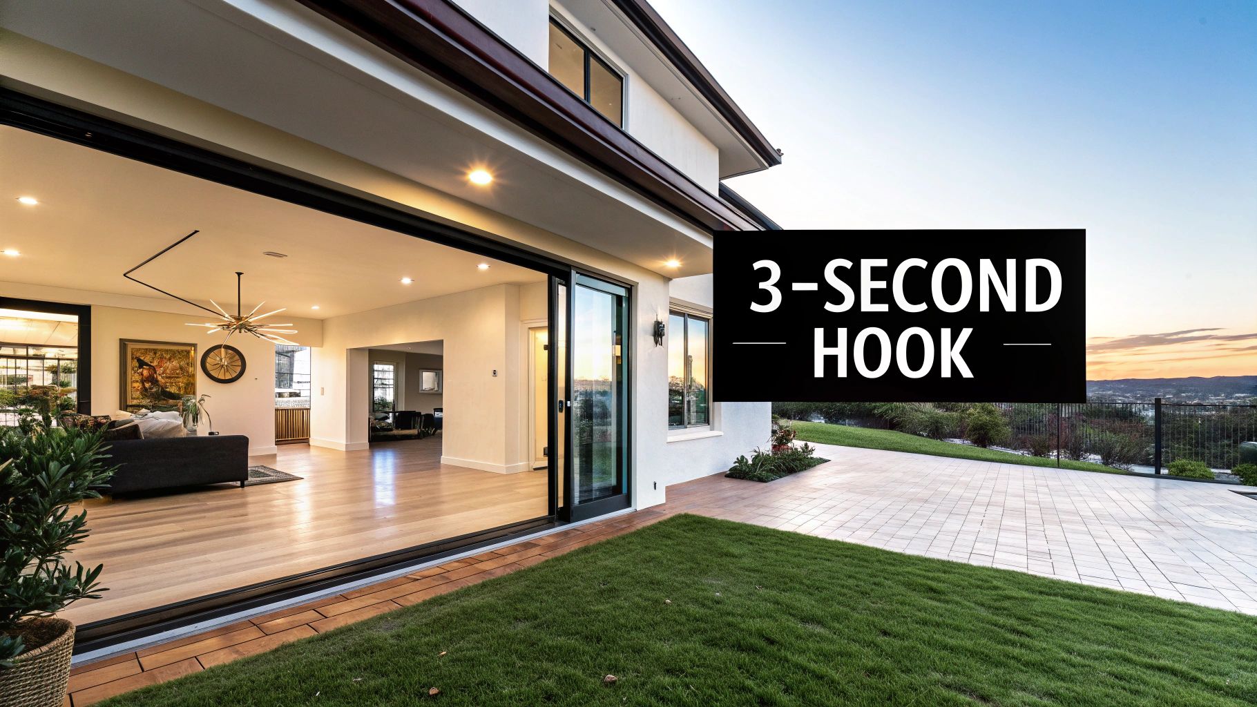 Modern living room opening to a patio and garden with a '3-SECOND HOOK' text overlay, overlooking a sunset.
