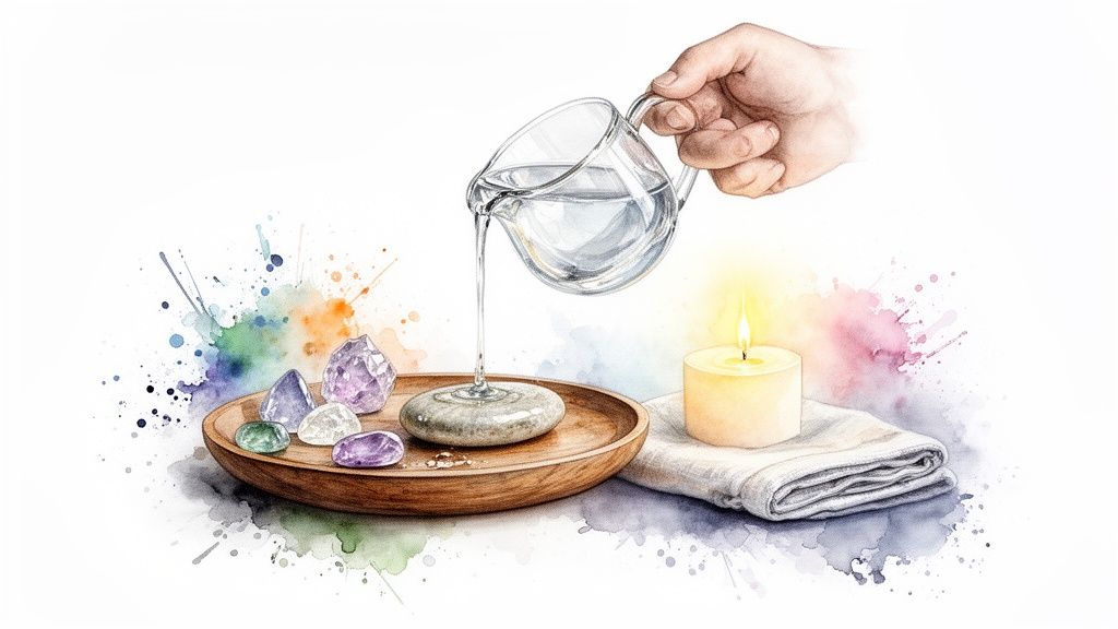 Spiritual watercolor art featuring water being poured over healing crystals, a candle, and a towel.