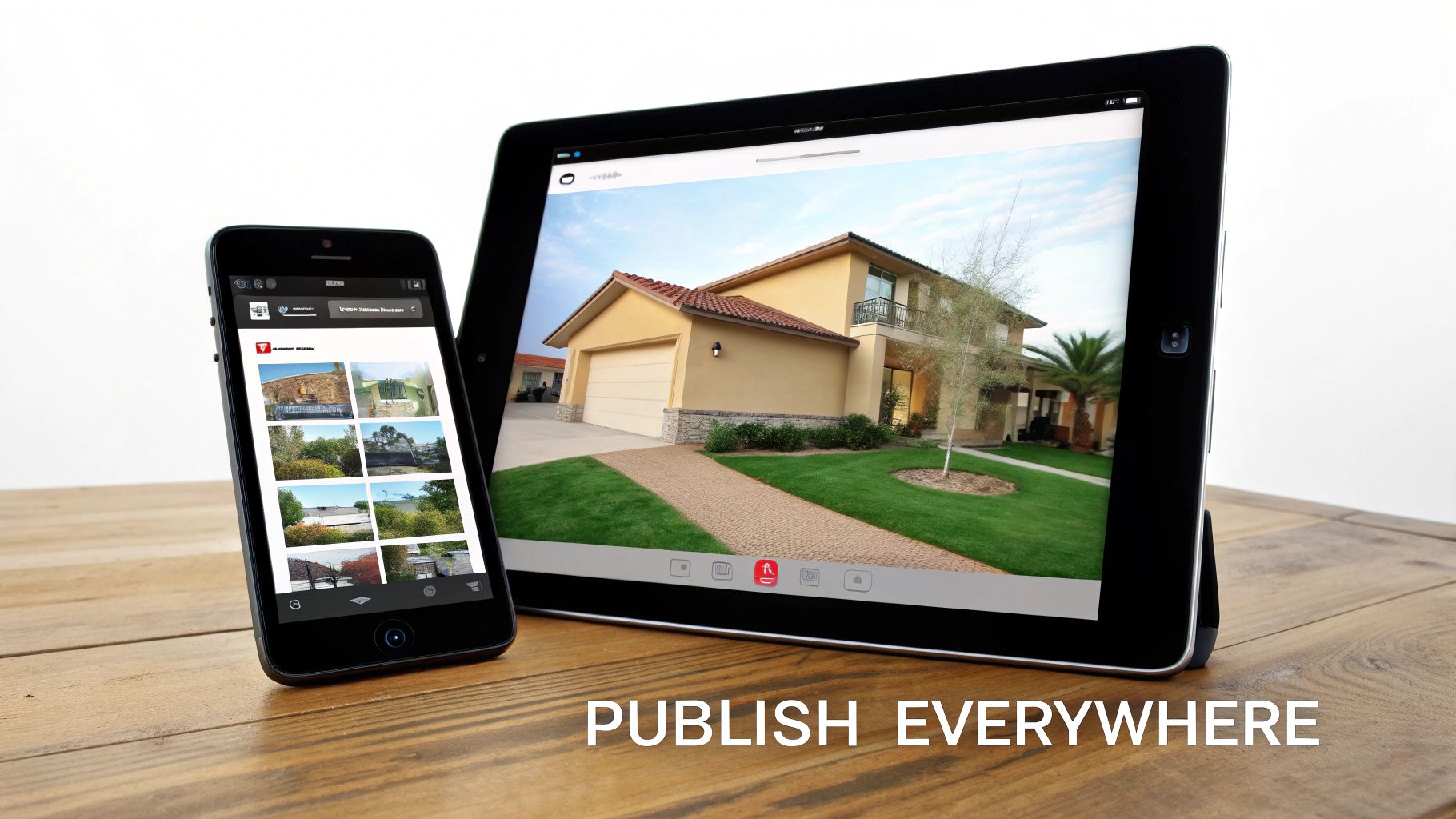 A smartphone and a tablet on a wooden table displaying real estate listings and properties.