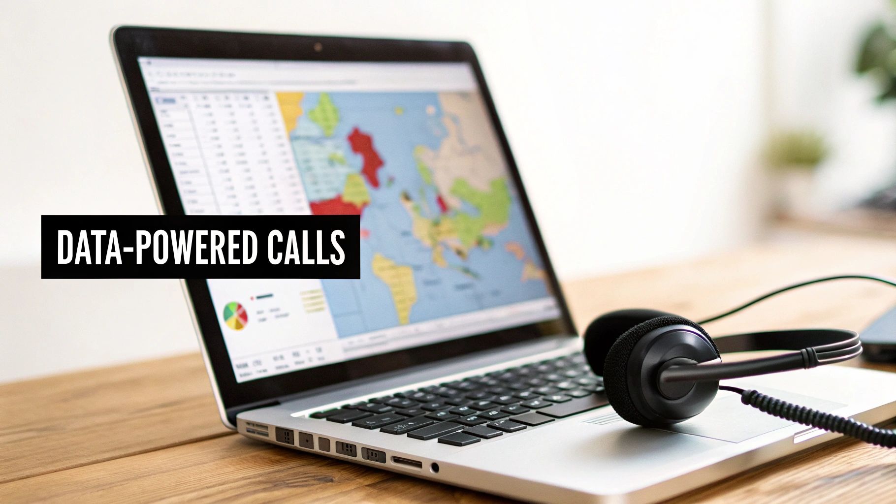 A laptop displays data visualizations and a headset rests on it, with 'DATA-POWERED CALLS' text.