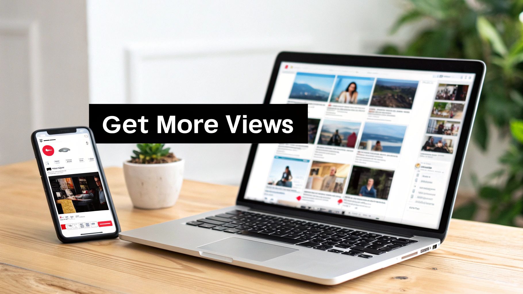 Laptop and smartphone displaying social media content grids to increase views and engagement