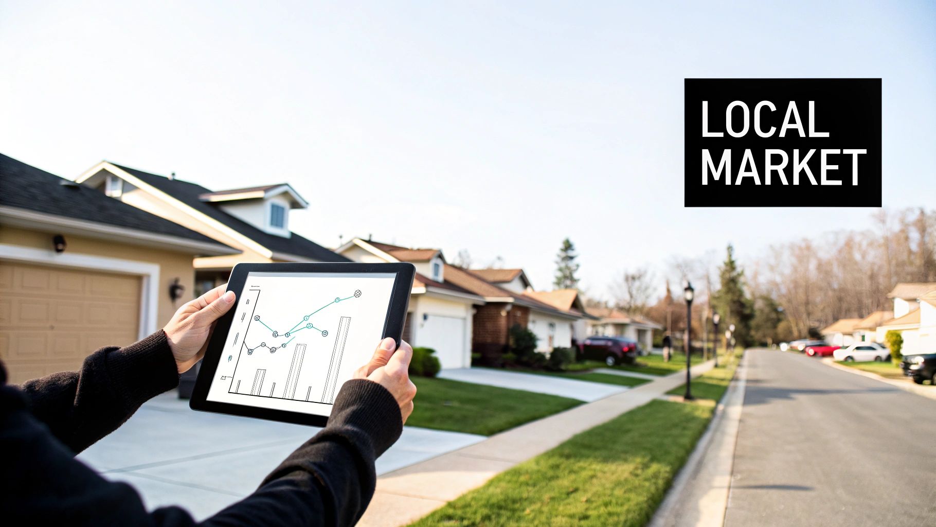 Person holding a tablet showing market graphs in a residential neighborhood with houses.