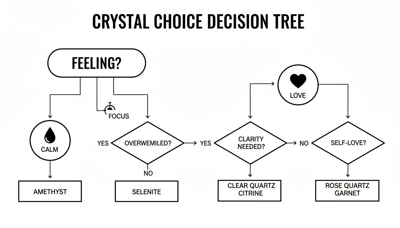 A crystal choice decision tree flowchart guides users to select crystals based on feelings like calm, focus, or love.