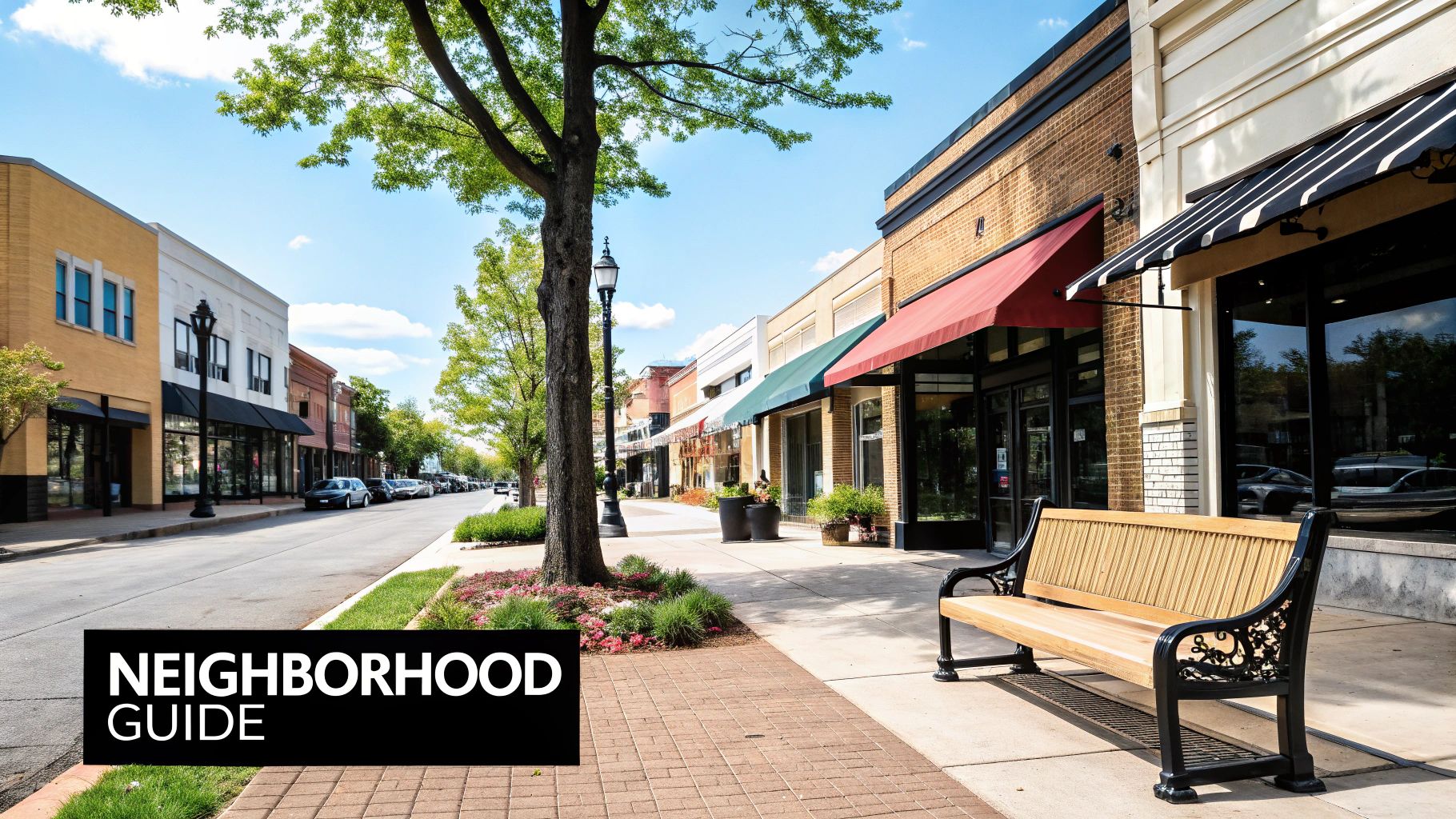 A sunny street lined with brick buildings, colorful awnings, lush trees, and a wooden park bench.