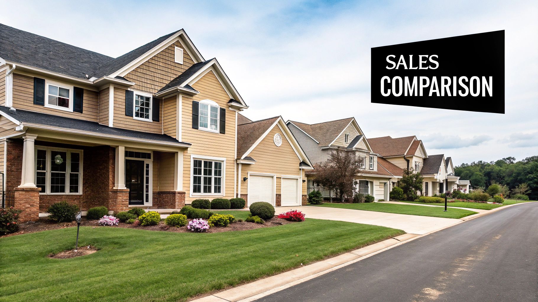 An overhead shot of a residential neighborhood with diverse houses, illustrating the concept of comparing different properties in a market.