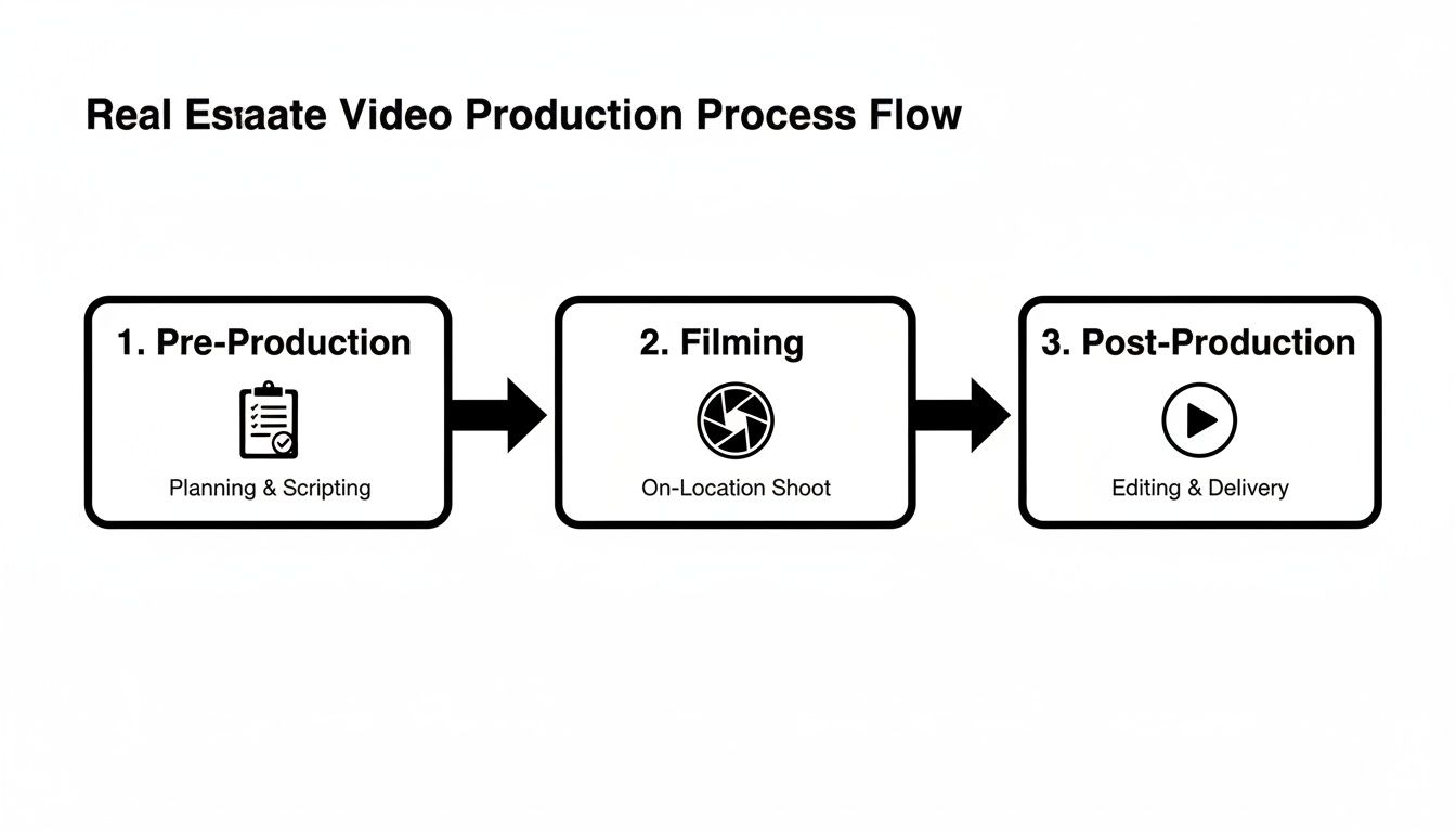 Flowchart outlining the real estate video production process: Pre-Production, Filming, and Post-Production stages.