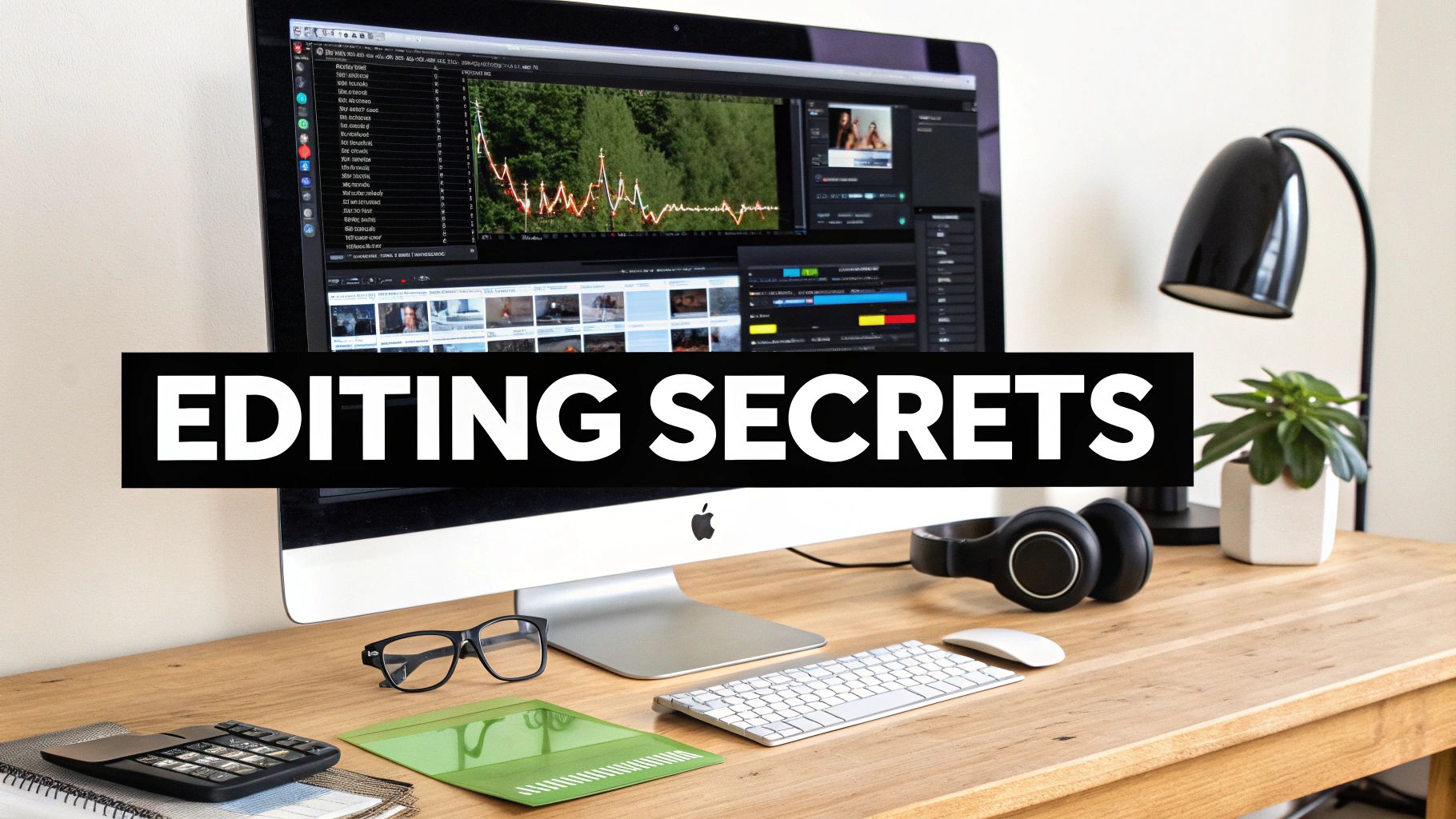 Video editing software interface on iMac desktop showing timeline and editing secrets text overlay