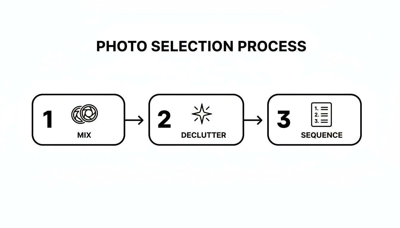 A three-step flowchart outlining the photo selection process: Mix, Declutter, and Sequence.