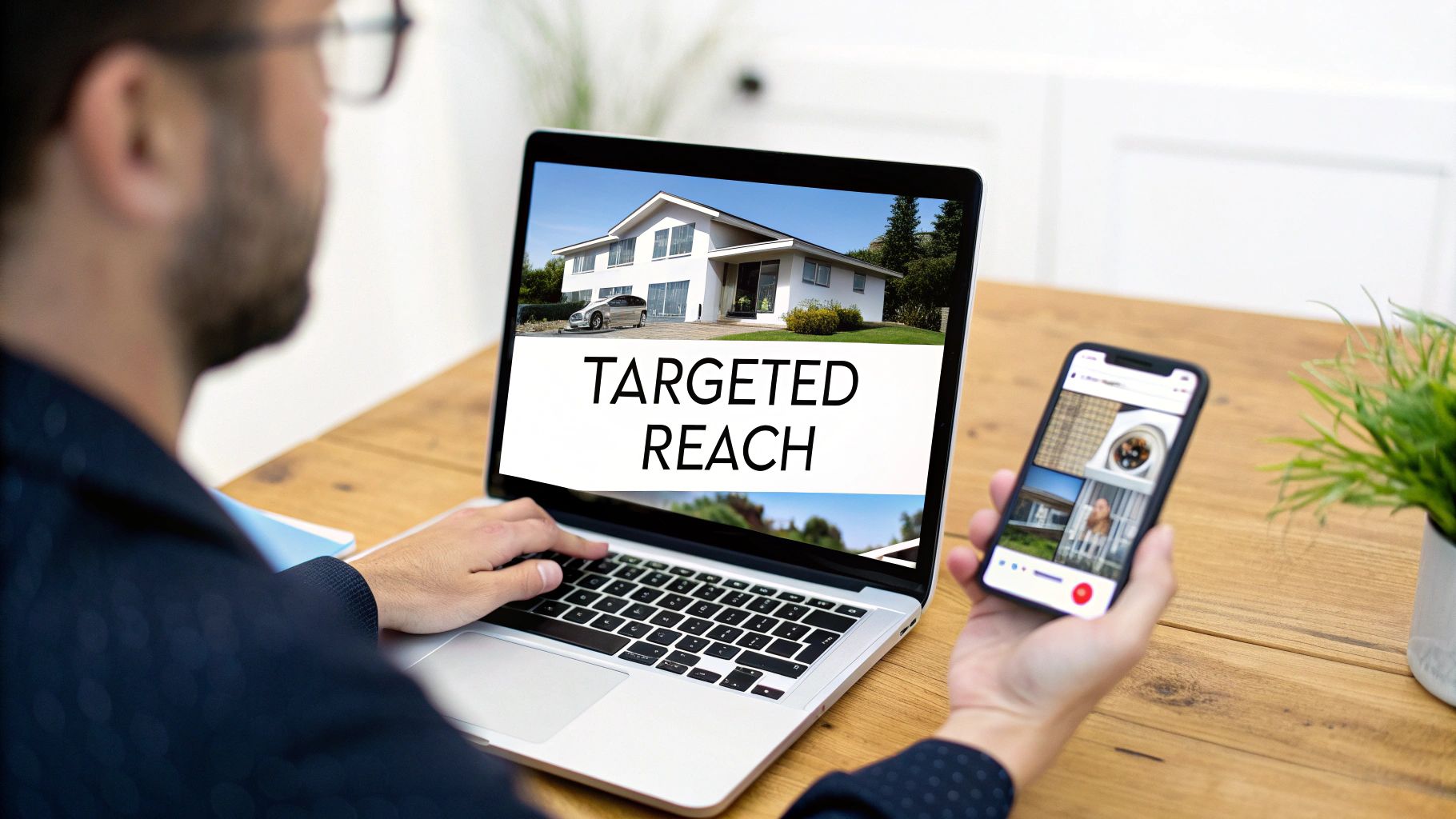 A person uses a laptop displaying a house with "TARGETED REACH" and a smartphone for real estate marketing.