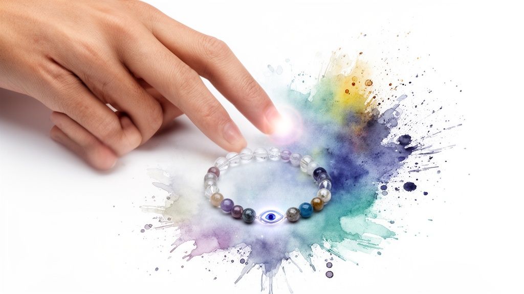 Hand gently touches a crystal bracelet with a blue evil eye charm and vibrant paint splashes.