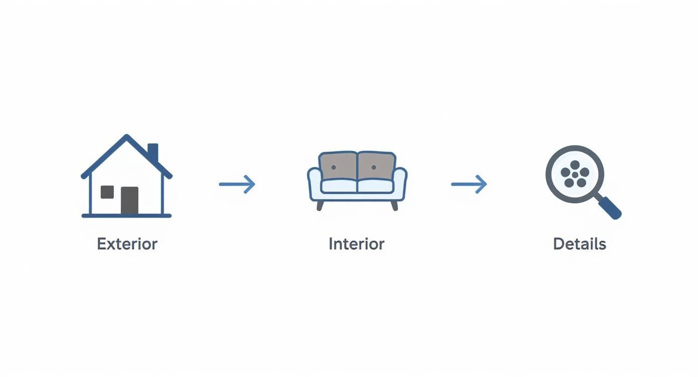 Diagram illustrating a real estate process from exterior to interior to details with icons and arrows.