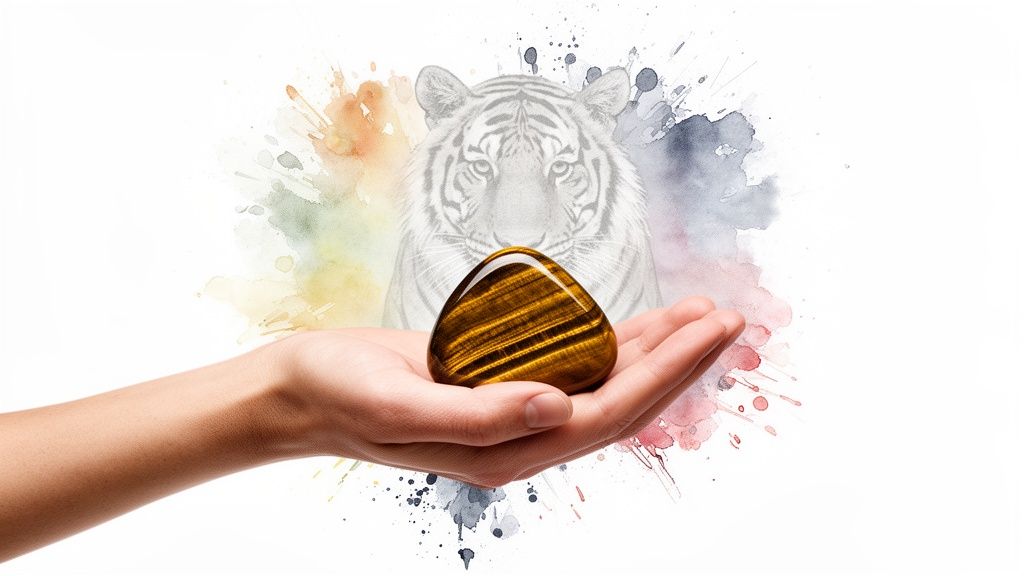 A hand gently holds a polished tiger's eye stone with a watercolor tiger illustration and colorful splashes behind.