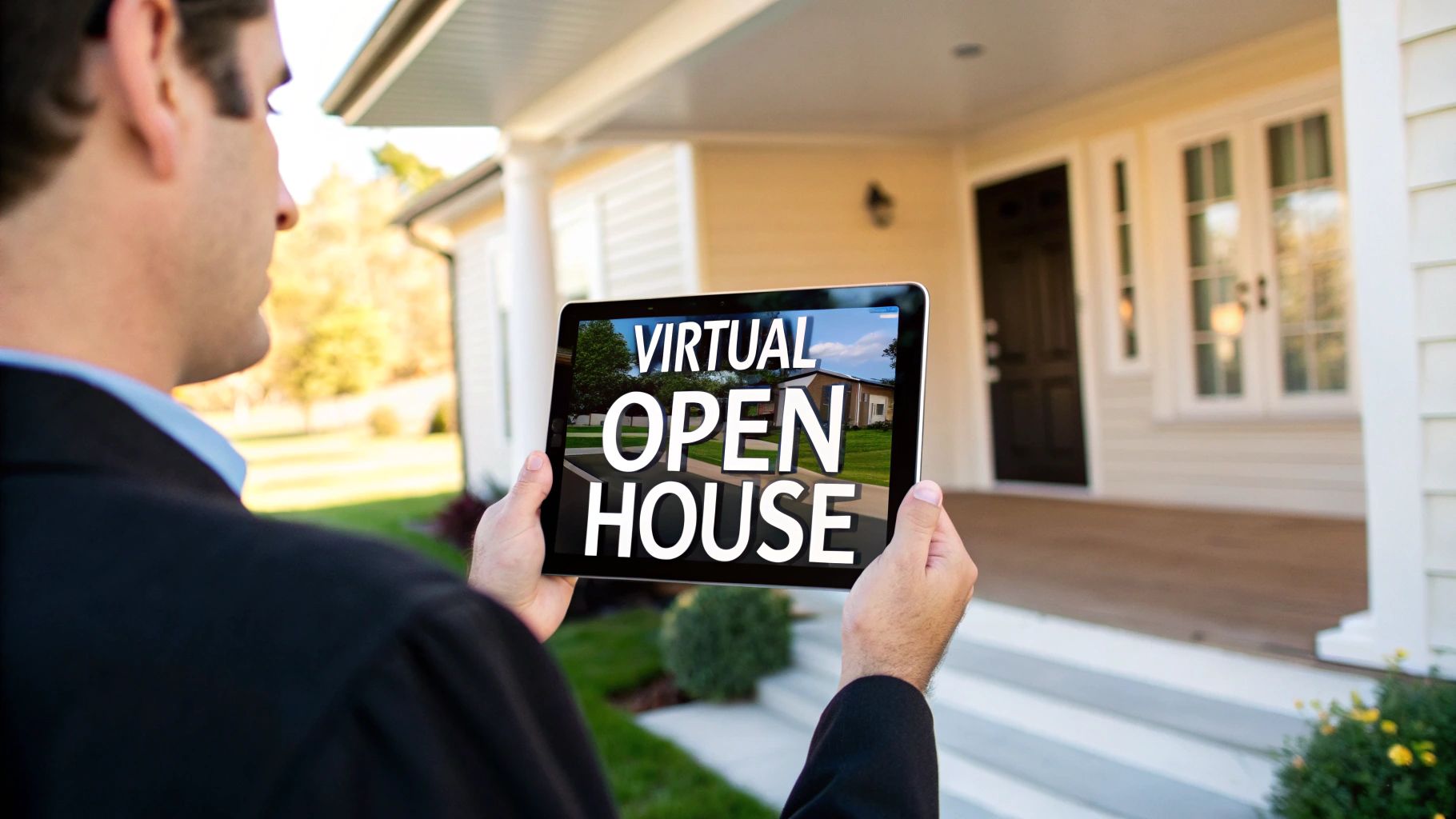 A person holds a tablet displaying 'Virtual Open House' in front of a modern house.