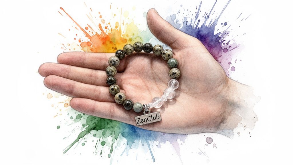 A hand holds a ZenClub beaded bracelet with clear and speckled beads against a vibrant watercolor splash background.