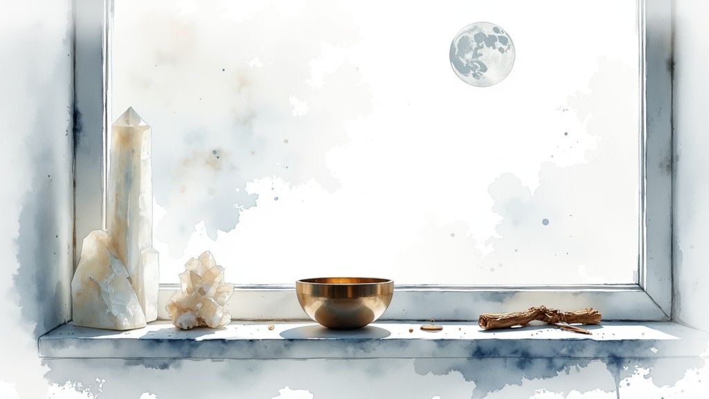 Serene watercolor scene of a window sill with spiritual crystals, a singing bowl, and moon.
