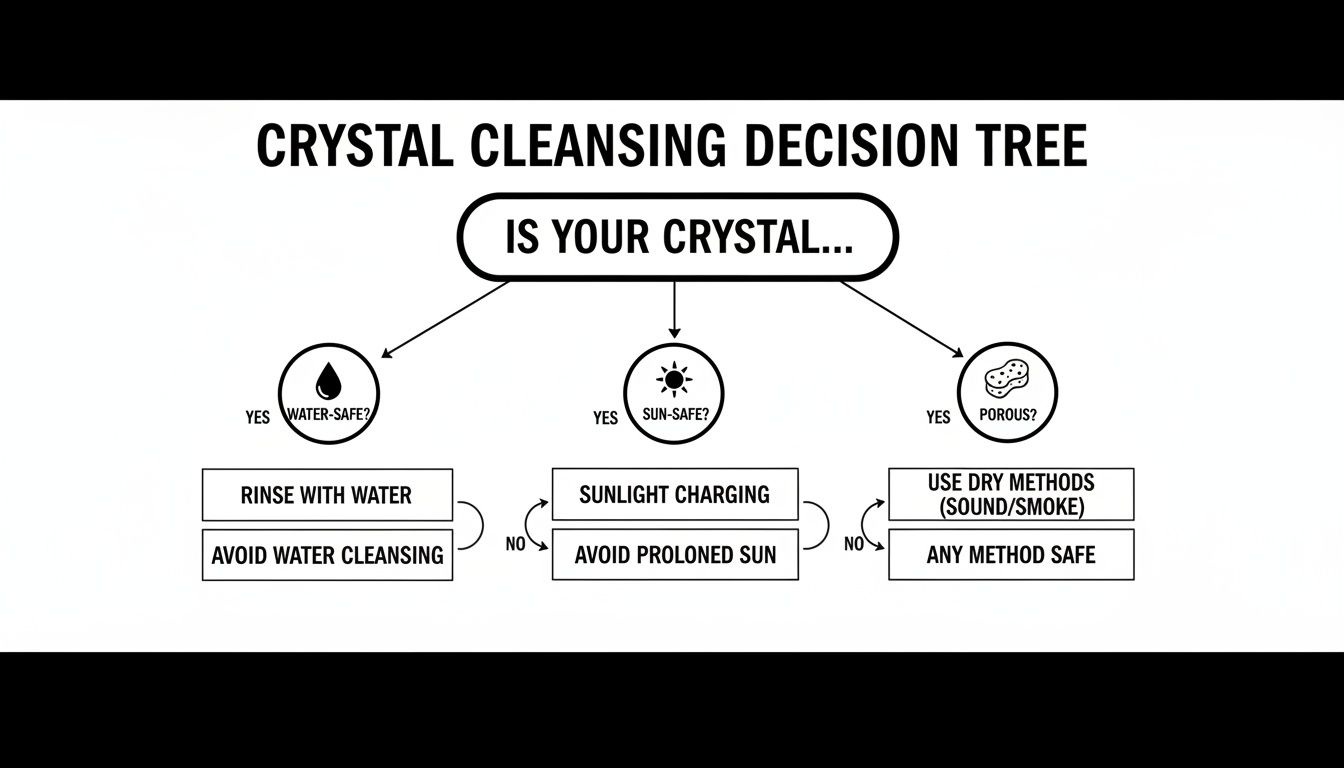 A crystal cleansing decision tree flowchart guiding users on water-safe, sun-safe, and porous considerations for crystal care.