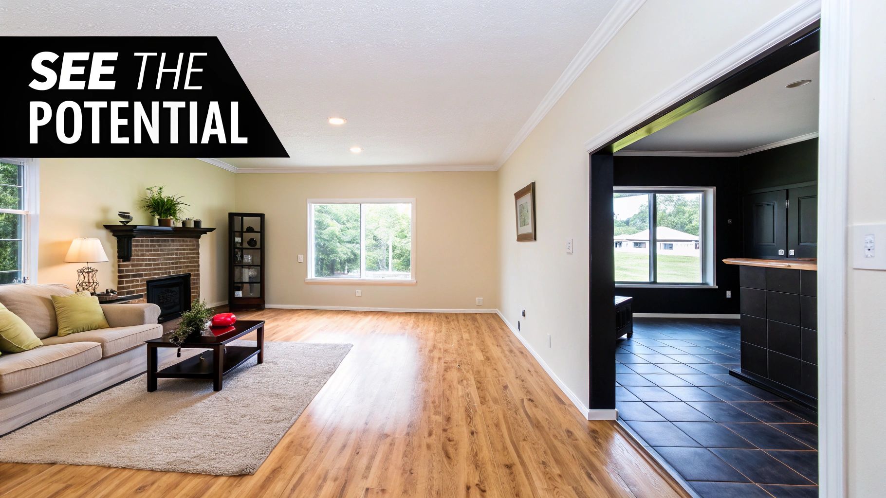 A bright, potential-filled living room featuring wood floors, a fireplace, and a cozy sofa.