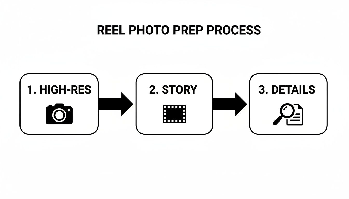Flowchart illustrating the three-step reel photo preparation process: high-res image, story development, and detail review.