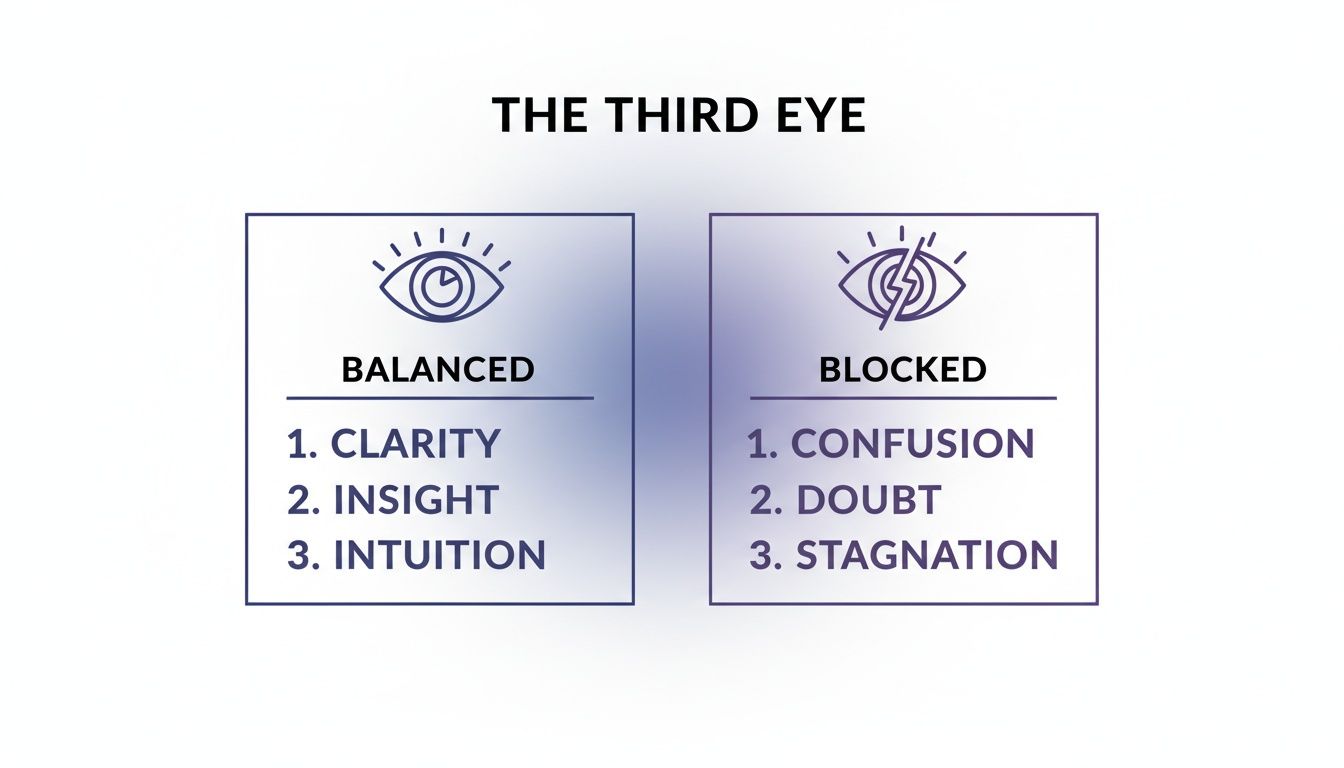 An infographic detailing the characteristics of a balanced versus a blocked third eye chakra.