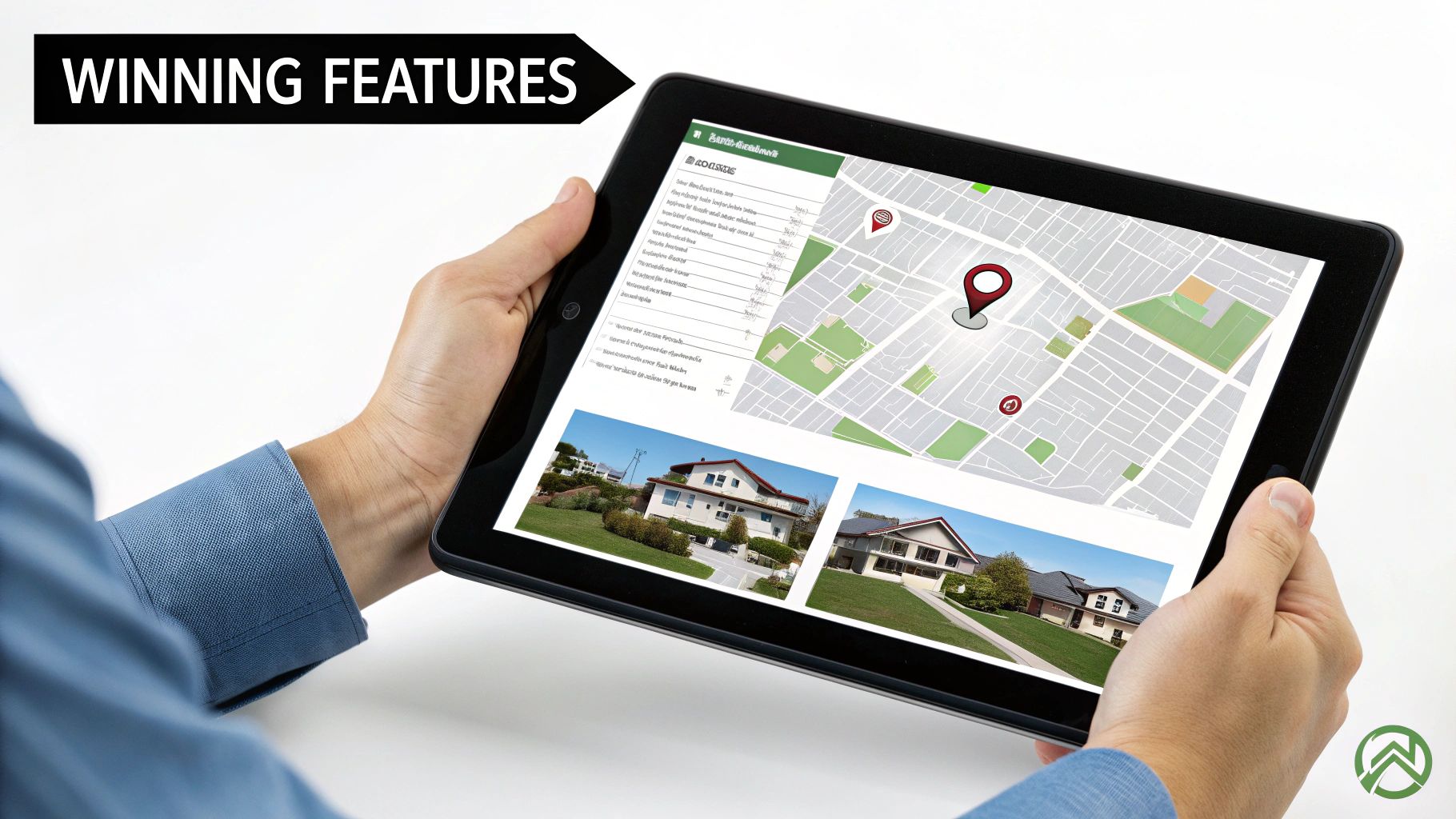 A person holds a tablet displaying a real estate application with a map, property details, and house photos.