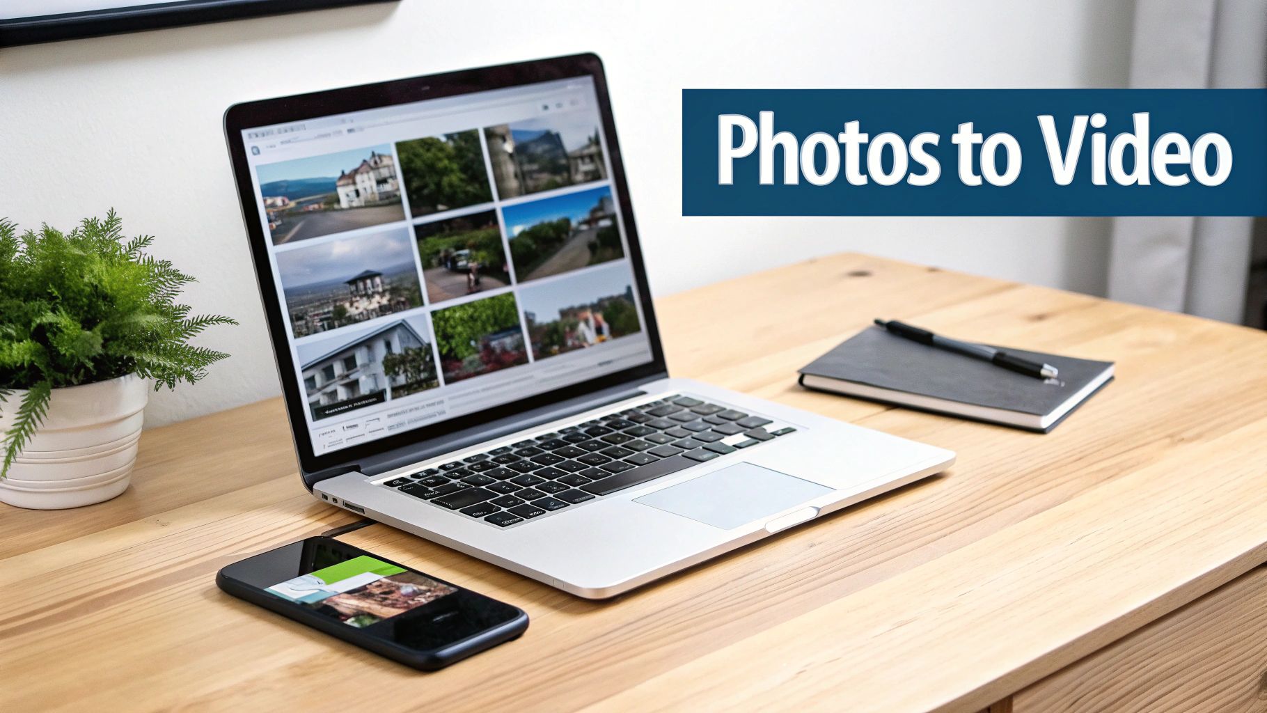 Laptop displaying photo gallery with smartphone and notebook on wooden desk for video creation