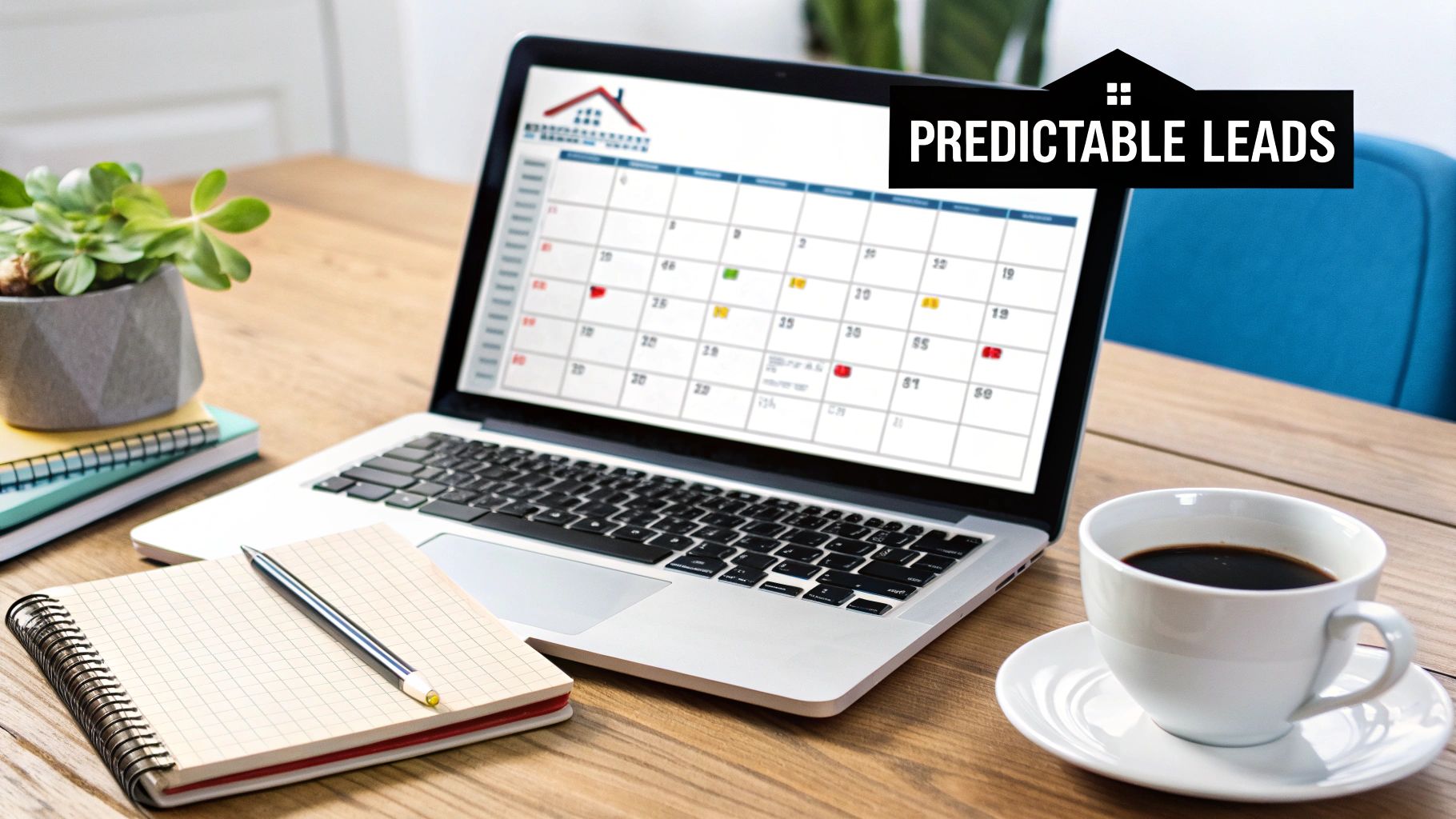 Laptop displaying a marketing calendar on a wooden desk with a 'Predictable Leads' banner.