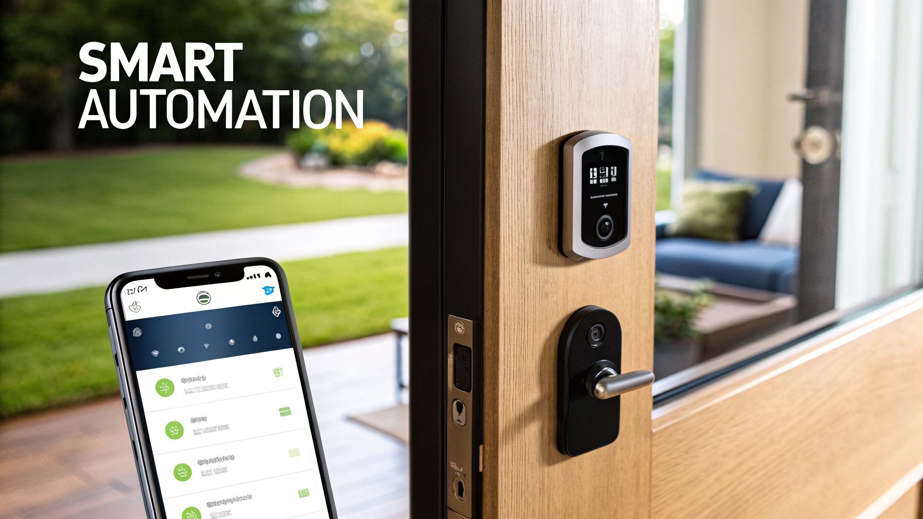 A person using a smartphone to control smart home devices in an Airbnb.