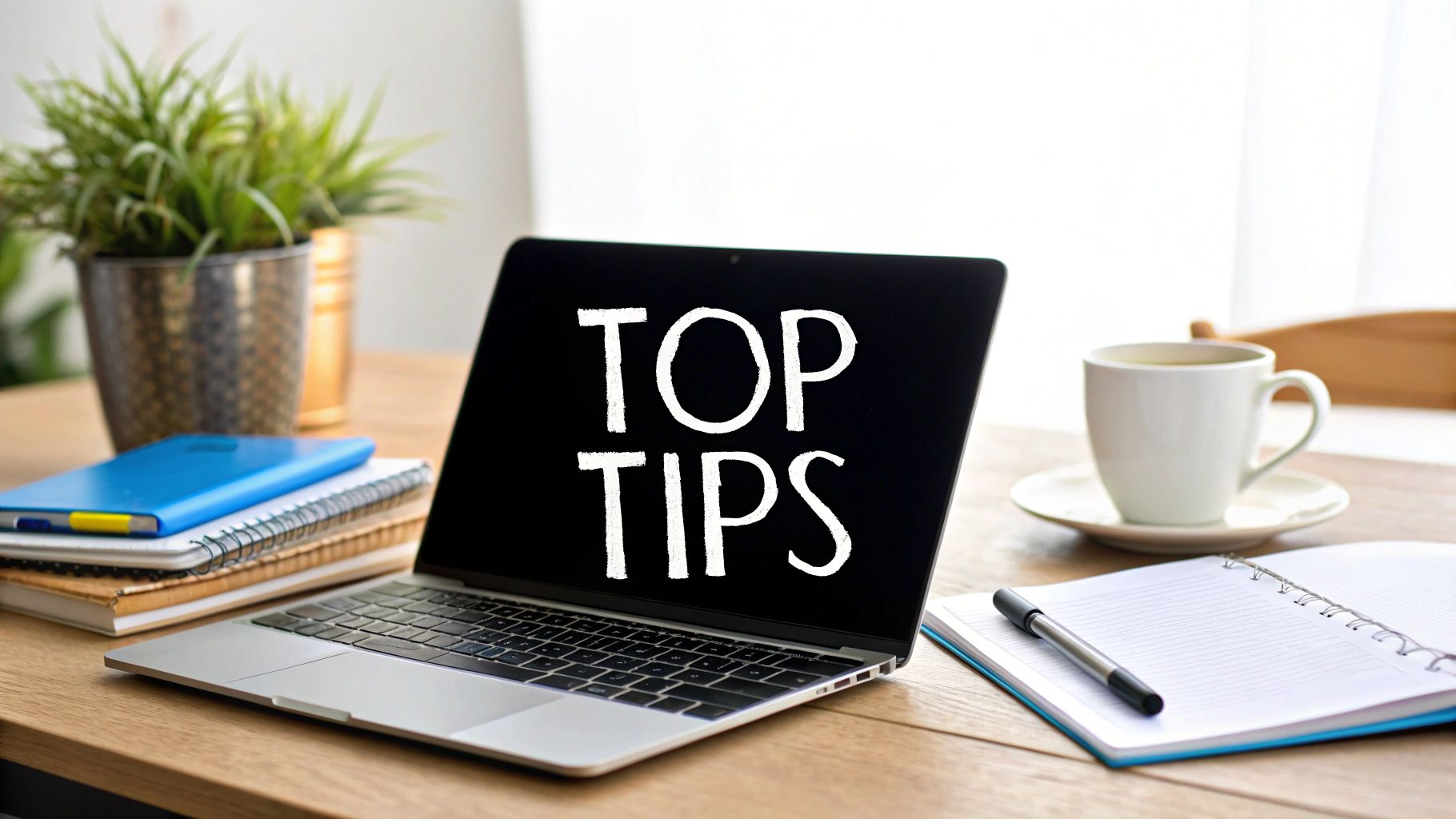 A laptop displaying 'TOP TIPS' on a wooden desk with notebooks, a plant, coffee, and a pen.