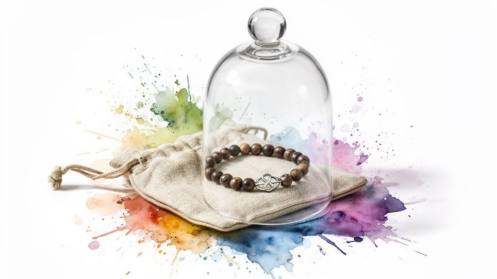 A beaded crystal bracelet with a silver charm inside a glass cloche on a fabric pouch, surrounded by vibrant watercolor splashes.